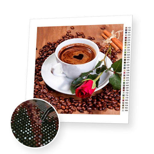 Coffee and Red Rose premium diamond painting kit for adults